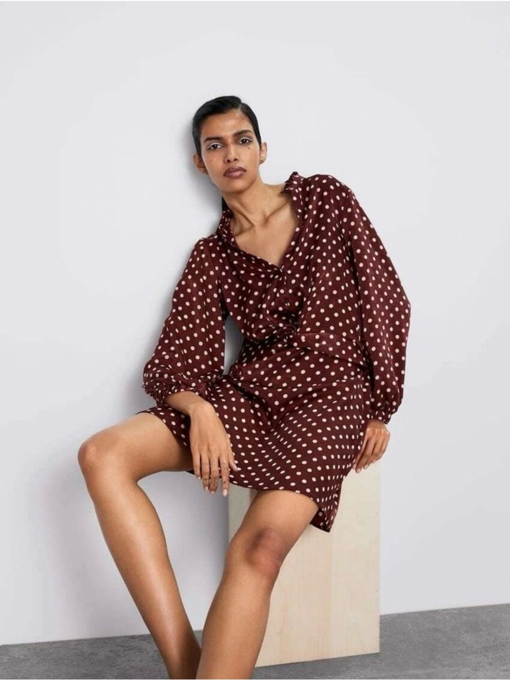 Zara Polka Dot Twist-Front Mini Dress in Burgundy, Size Small